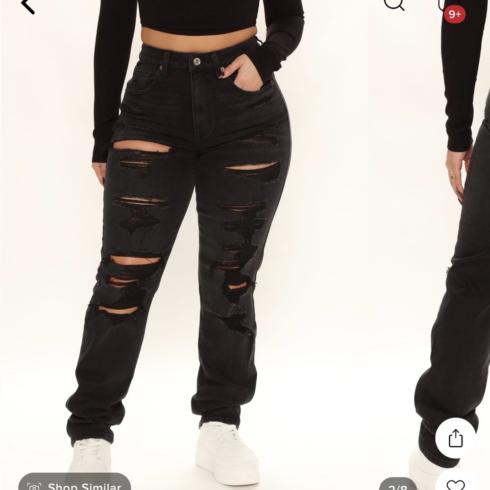 Fashion Nova Black Straight Leg Jeans with Distressed Design